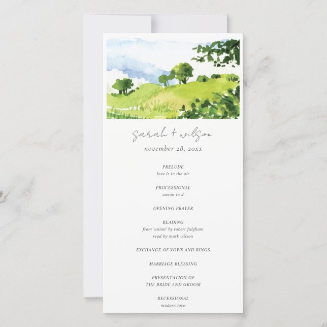 Watercolor Countryside Hills Wedding Program (Front)