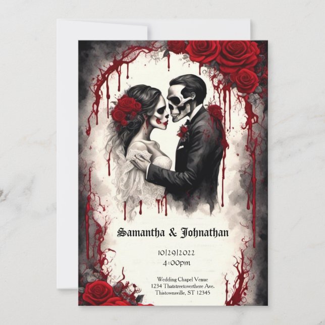 Watercolor Couple and Roses Goth Wedding Invitation (Front)