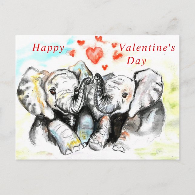 Watercolor Couple Elephant Valentine's Day Card (Front)