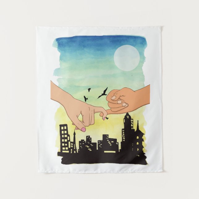 Watercolor couple promise cityscape view, pinky pr tapestry (Front)