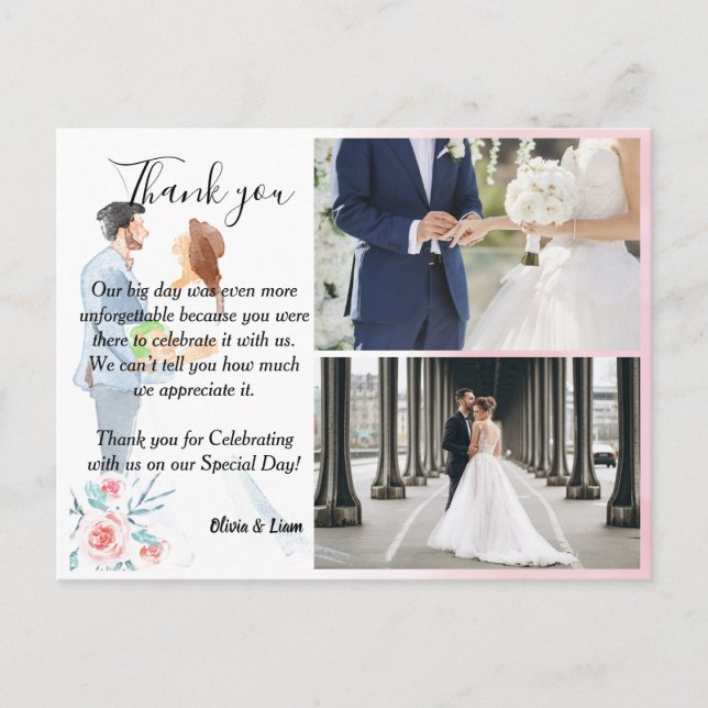Watercolor Couple with Roses Wedding Thankyou Card (Front)