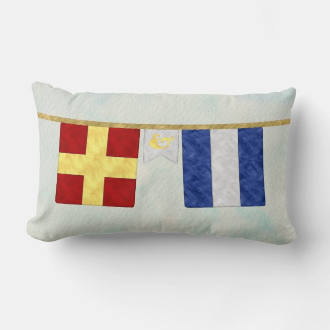 Watercolor Couples Monogram Maritime Signal Flags Lumbar Pillow (Front)