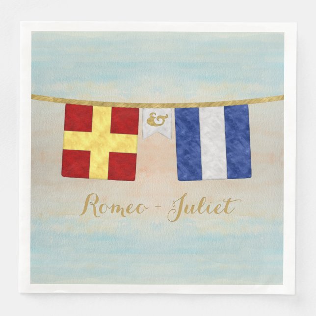 Watercolor Couples Monogram Maritime Signal Flags Paper Dinner Napkins (Front)