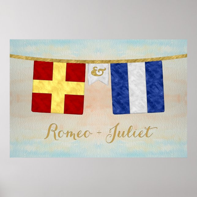 Watercolor Couples Monogram Maritime Signal Flags Poster (Front)