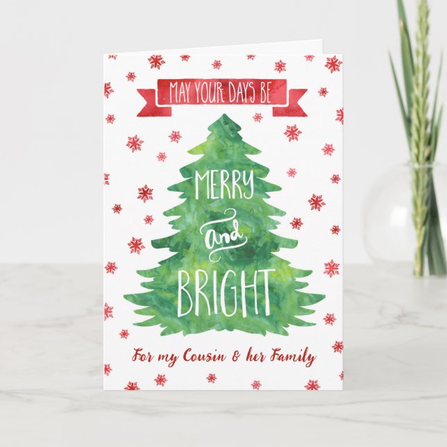 Watercolor Cousin & Family Merry Christmas Card (Front)