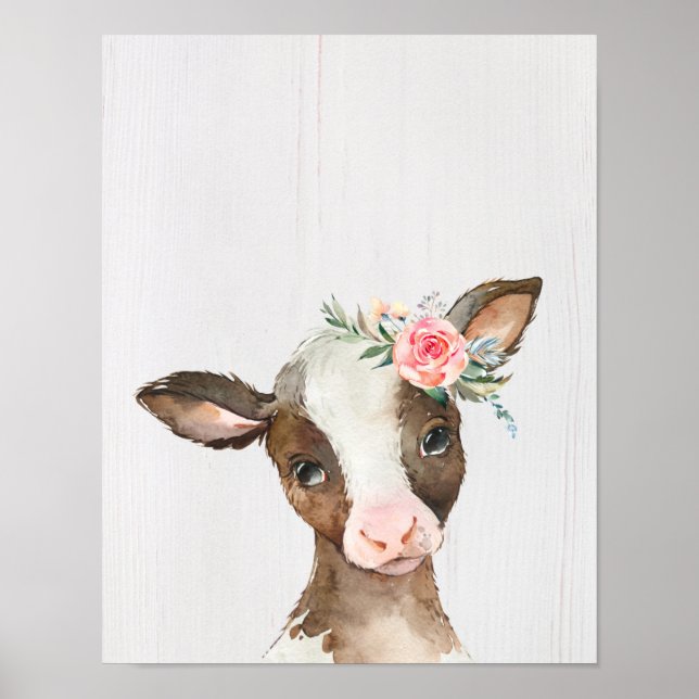 Watercolor Cow, Baby Animals Nursery Poster (Front)