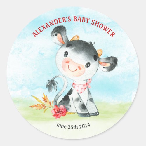 Watercolor Cow Baby Shower Farm Classic Round Sticker