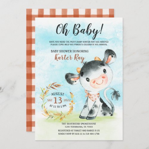 Watercolor Cow Baby Shower Farm Invitation