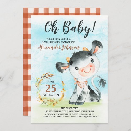 Watercolor Cow Baby Shower Farm Invitation