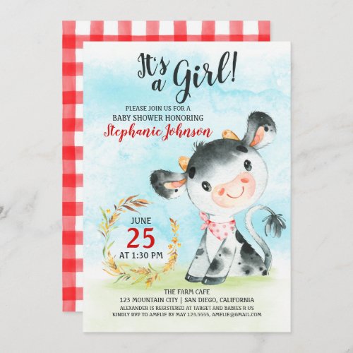 Watercolor Cow Baby Shower Farm Invitation