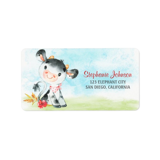 Watercolor Cow Baby Shower Farm Label (Front)