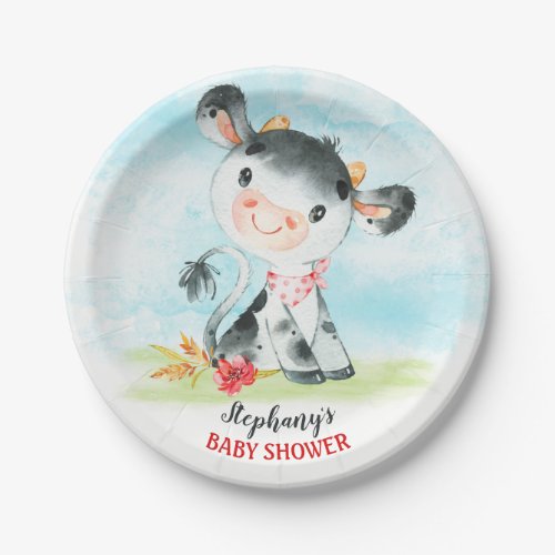 Watercolor Cow Baby Shower Farm Paper Plates