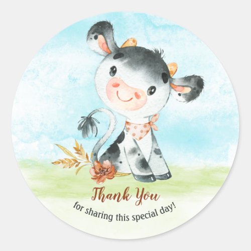 Watercolor Cow Baby Shower Farm Thank You Classic Round Sticker