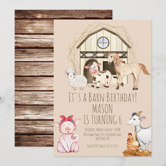 Watercolor Cow Barn Animals Farm Birthday Invitation (Front/Back)