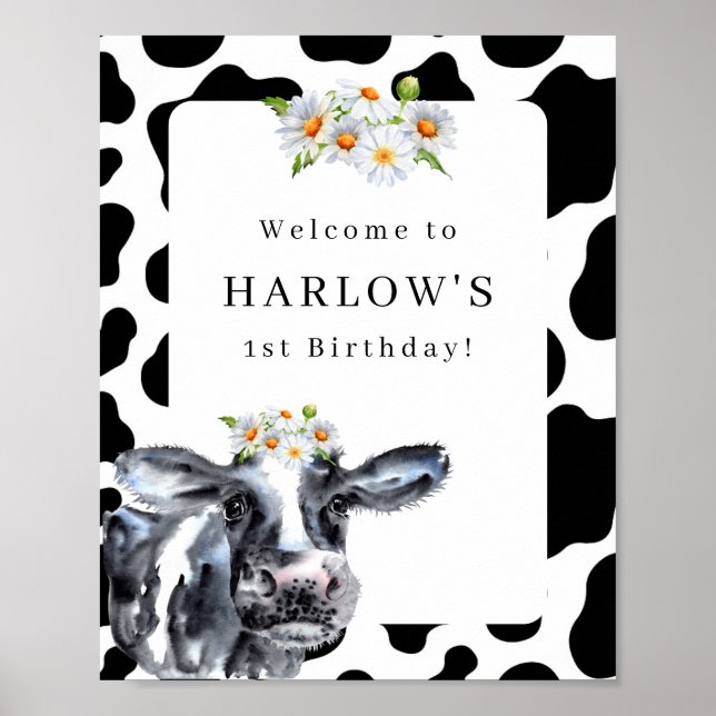 Watercolor Cow Daisy Birthday Welcome Sign (Front)