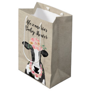 Watercolor Cow Farm Floral Crown Girl Baby Shower Medium Gift Bag