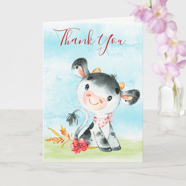 Watercolor Cow Farm Thank You Card (Orchid)