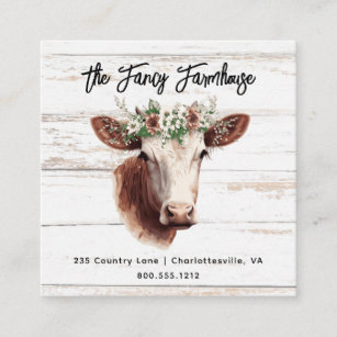 Watercolor Cow Farmhouse Floral QR code   Square Business Card