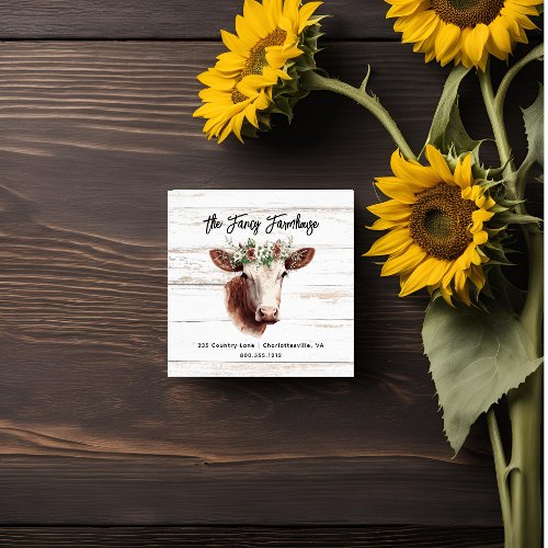 Watercolor Cow Farmhouse Floral QR code   Square Business Card