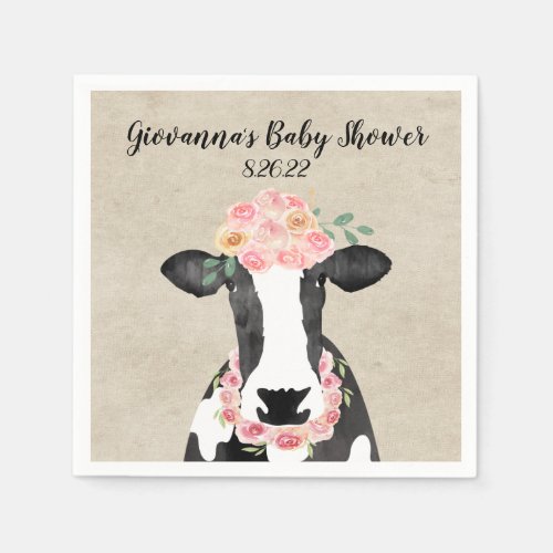 Watercolor Cow Floral Crown Farm Girl Baby Shower Napkins