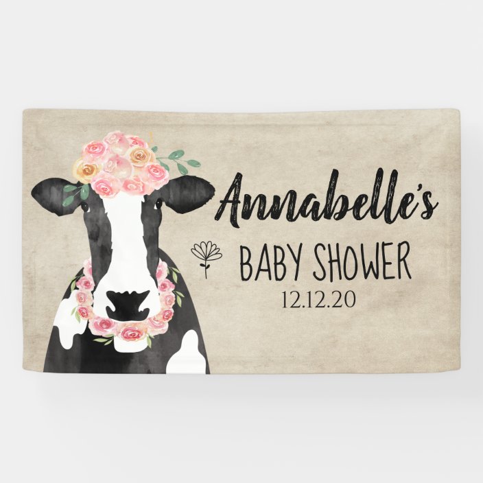 Watercolor Cow Floral Farm Baby Shower Banner | Zazzle.com