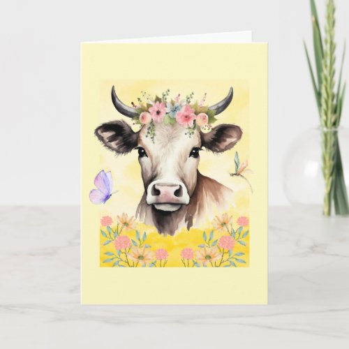 Watercolor Cow Flowers in a Meadow Greeting Card