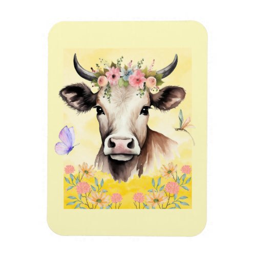 Watercolor Cow Flowers in a Meadow Magnet