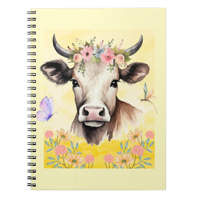 Watercolor Cow Flowers in a Meadow Notebook (Front)