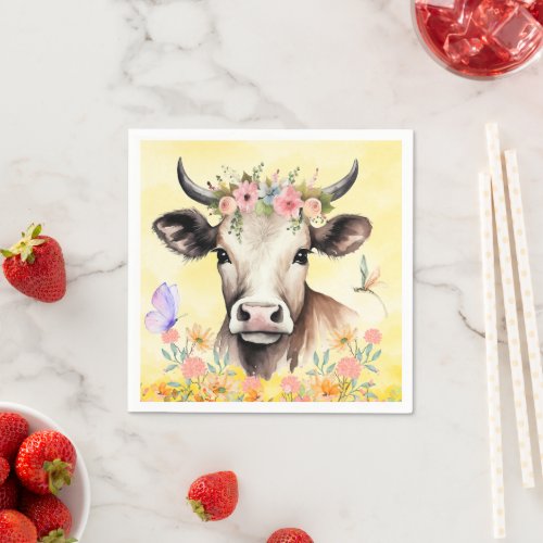 Watercolor Cow Flowers in a Meadow Paper Napkins