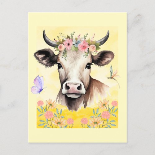 Watercolor Cow Flowers in a Meadow Postcard