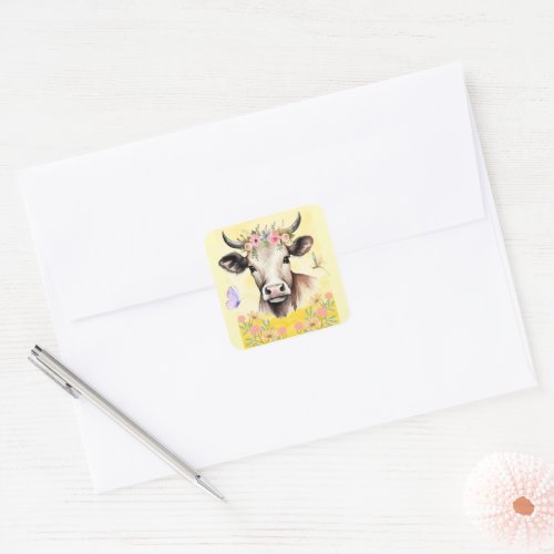Watercolor Cow Flowers in a Meadow Square Sticker