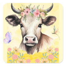 Watercolor Cow Flowers in a Meadow