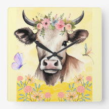 Watercolor Cow Flowers in a Meadow