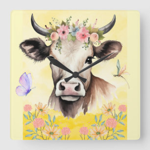 Watercolor Cow Flowers in a Meadow Square Wall Clock