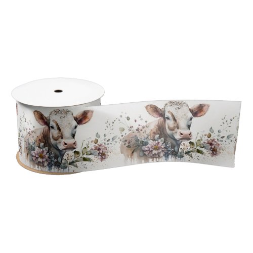 Watercolor Cow In Flowers Satin Ribbon