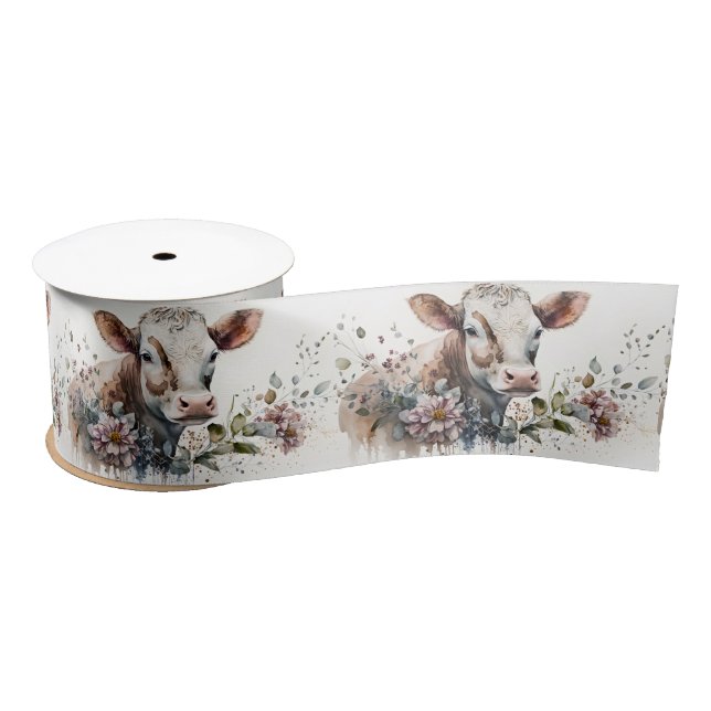 Watercolor Cow In Flowers Satin Ribbon (Spool)