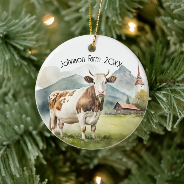 Watercolor Cow In Mountain Valley Ceramic Ornament (Tree)