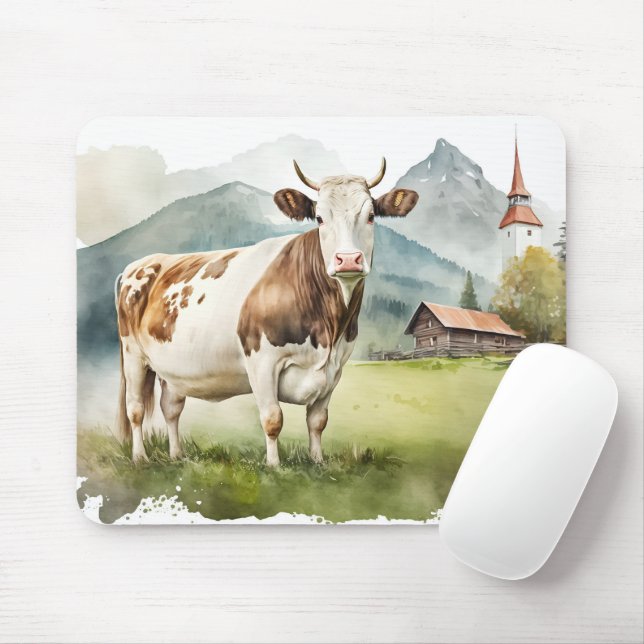 Watercolor Cow In Mountain Valley Mouse Pad (With Mouse)