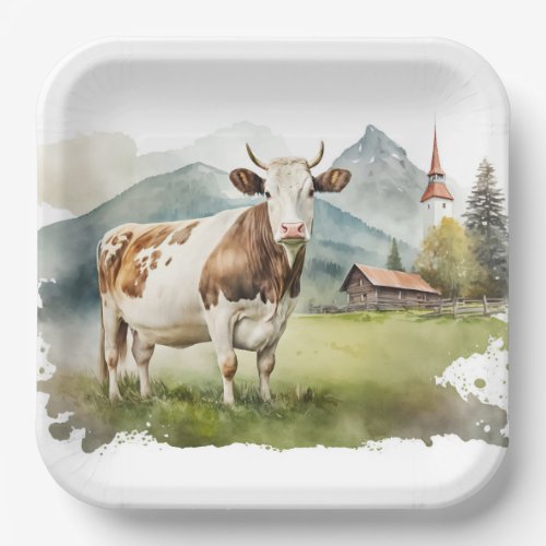 Watercolor Cow In Mountain Valley Paper Plates