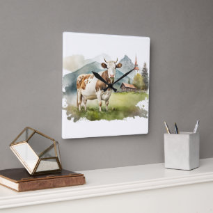 Watercolor Cow In Mountain Valley Square Wall Clock
