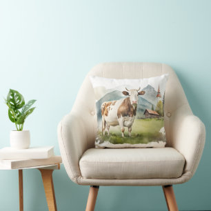Watercolor Cow In Mountain Valley Throw Pillow
