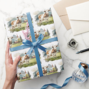 Watercolor Cow In Mountain Valley Wrapping Paper