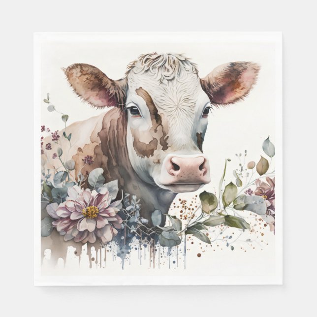 Watercolor Cow In Wildflowers Napkins (Front)
