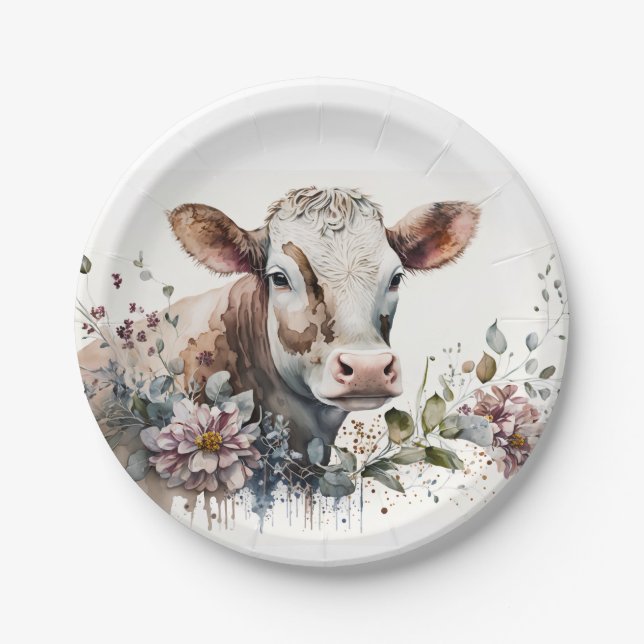 Watercolor Cow In Wildflowers Paper Plates (Front)