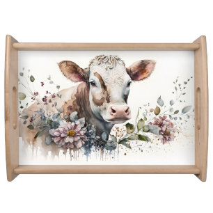 Watercolor Cow In Wildflowers Serving Tray
