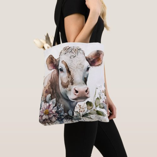 Watercolor Cow In Wildflowers Tote Bag