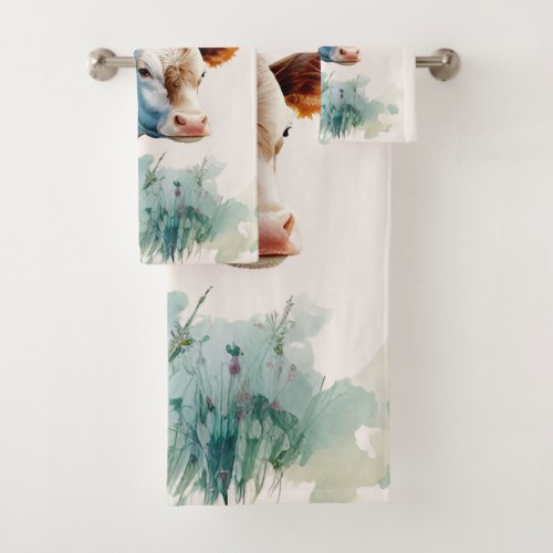 Watercolor cow lover Rustic Farmhouse Bath Towel Set