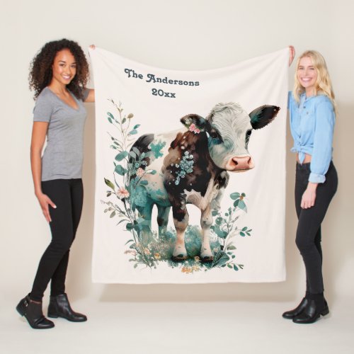 Watercolor cow lover Rustic Farmhouse Fleece Blanket