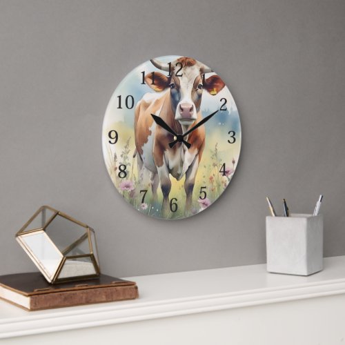 Watercolor cow lover Rustic Farmhouse Large Clock
