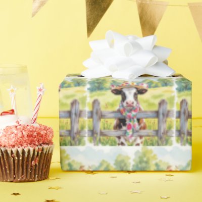 Watercolor Cow Wearing a Floral Print Hat Wrapping Paper